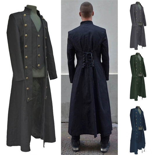 Men's Long Sleeve Stand Collar Three Row Button Coat