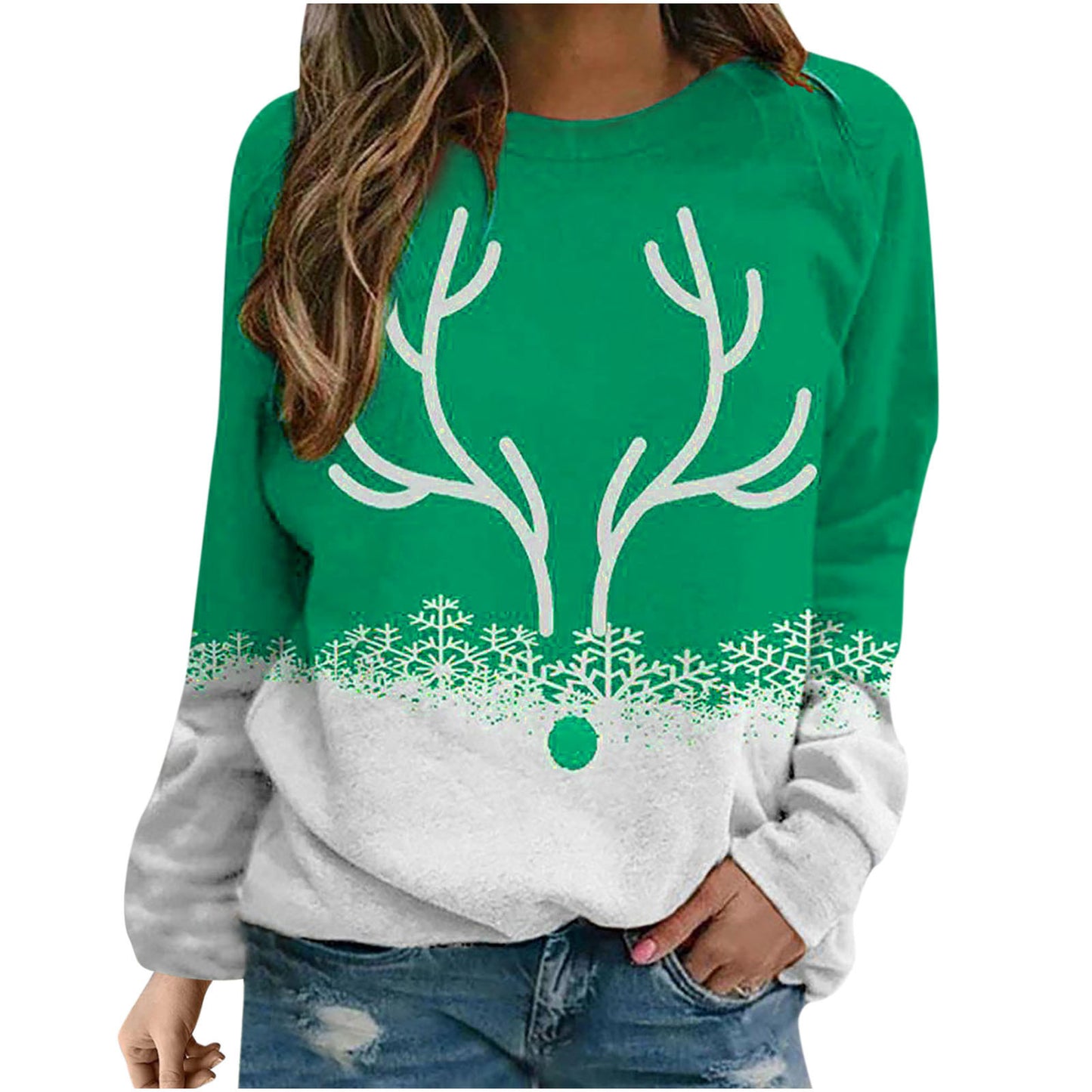 Snowflake Christmas Deer Printed Round Neck Street Pullover Sweater