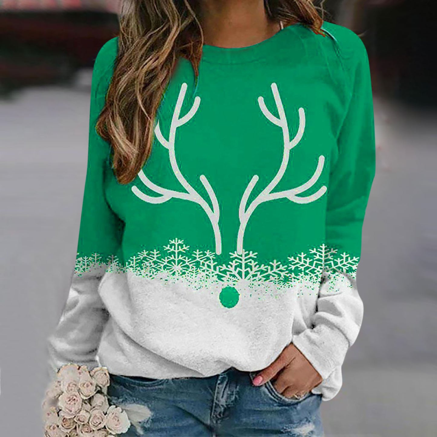 Snowflake Christmas Deer Printed Round Neck Street Pullover Sweater