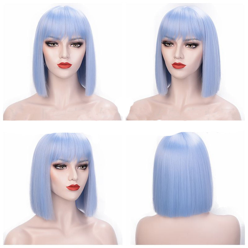 Full Lace Straight Hair Shoulder Length Short Bob Wigs For Women With Bangs - Ombre Gray  12Inches