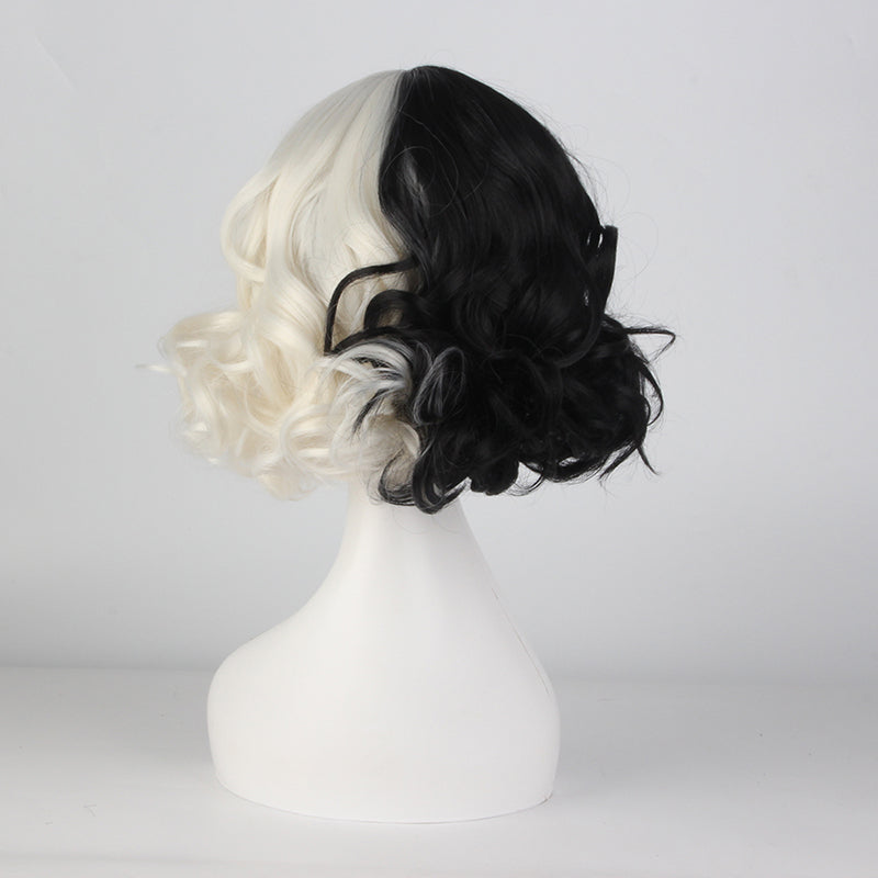 Movie Cruella Wig Anime Cosplay Black And White Color Combination Short Curly Hair