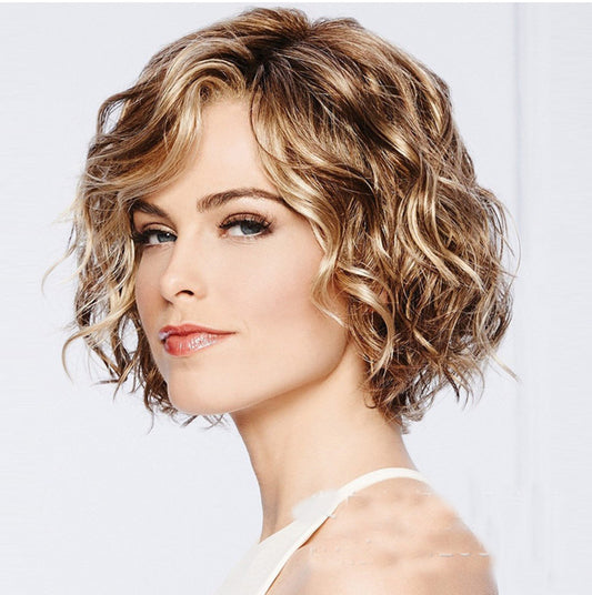 Wig Female Short Hair Dyed Gradient Golden Short Curly Hair