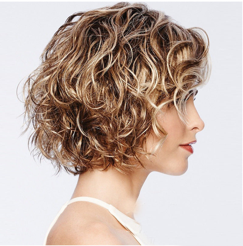 Wig Female Short Hair Dyed Gradient Golden Short Curly Hair