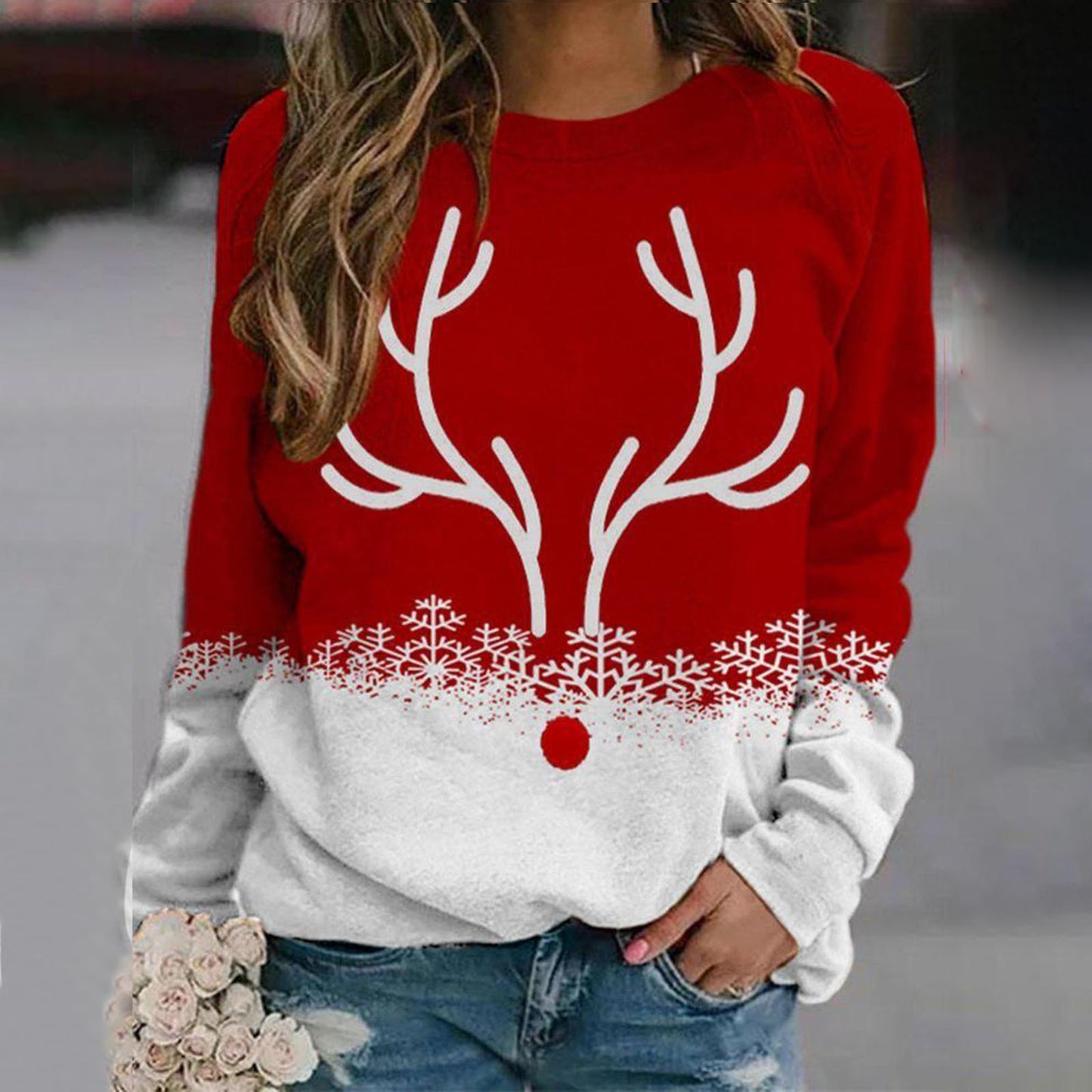 Snowflake Christmas Deer Printed Round Neck Street Pullover Sweater