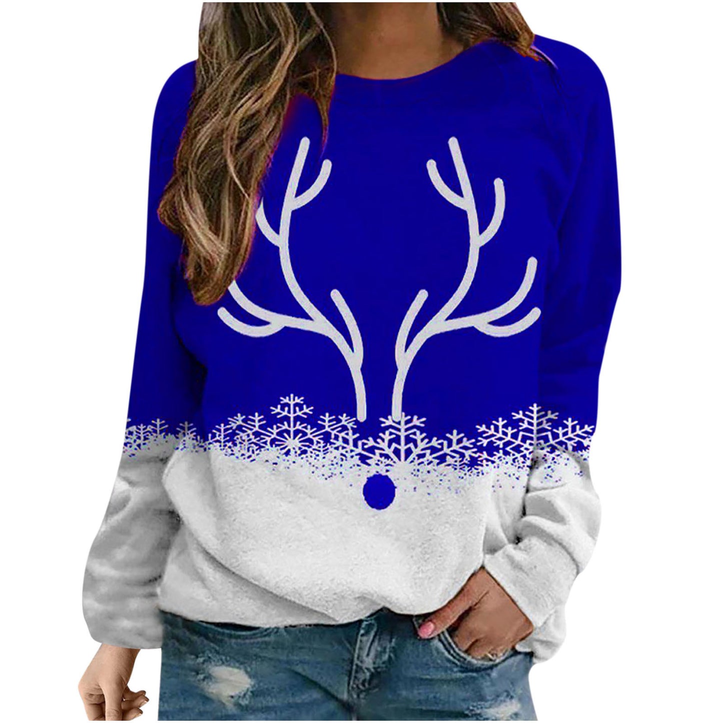 Snowflake Christmas Deer Printed Round Neck Street Pullover Sweater