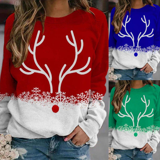 Snowflake Christmas Deer Printed Round Neck Street Pullover Sweater