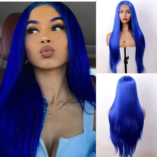 Synthetic Front Lace Headgear Blue Long Straight