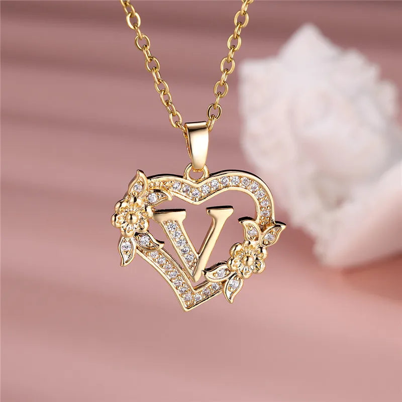 A-Z Letter Flower Heart Pendant Necklace