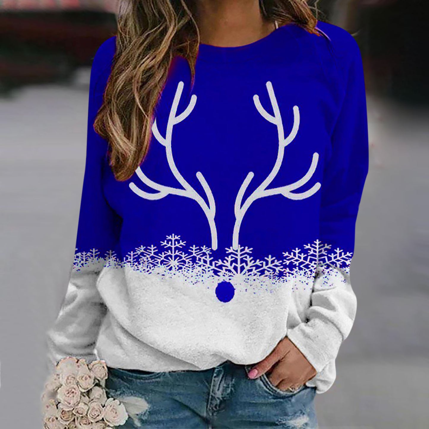 Snowflake Christmas Deer Printed Round Neck Street Pullover Sweater