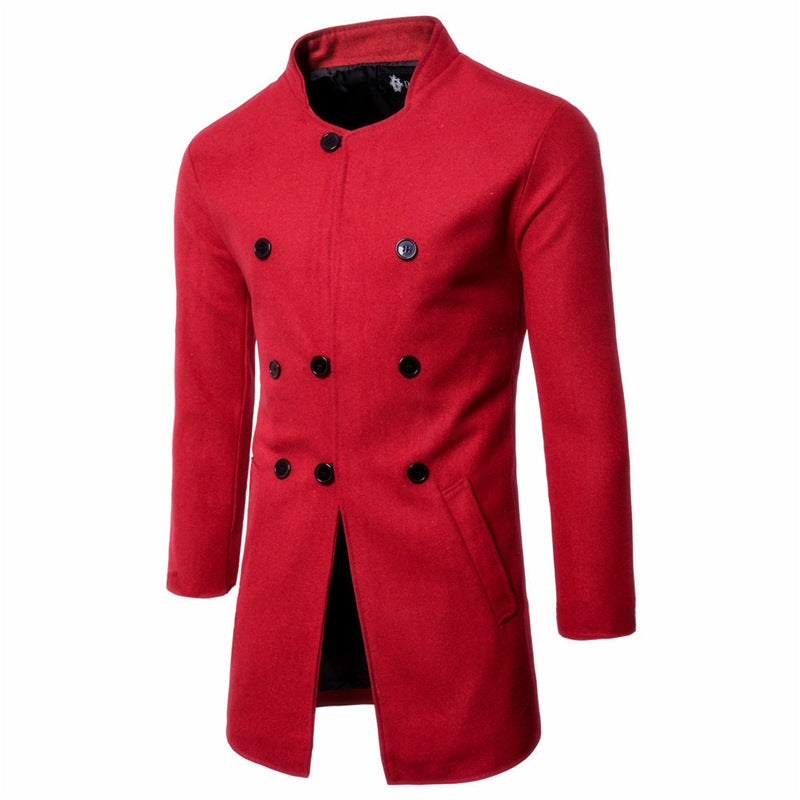 New Men's Fashion Slim Neck Three Row Woolen Coat