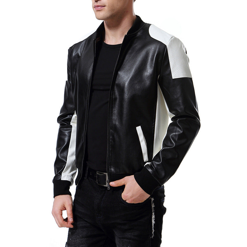 Stand Collar Leather Coat Color Matching