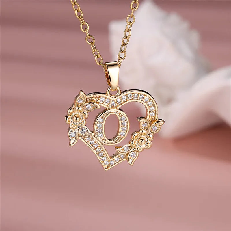 A-Z Letter Flower Heart Pendant Necklace